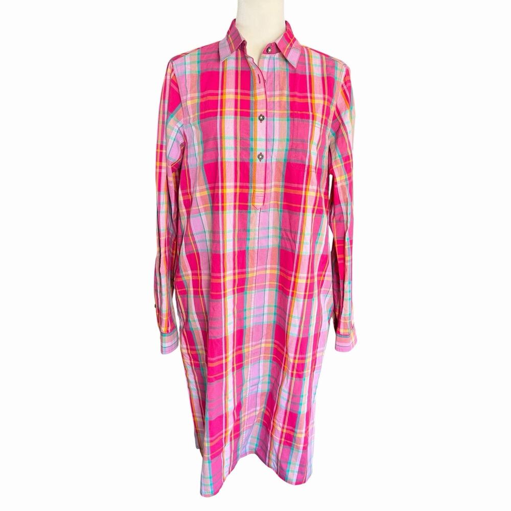 Ellen Orton Plaid Shirt Dress Pink M 74233 Preppy Prep Coastal Beach Colorful